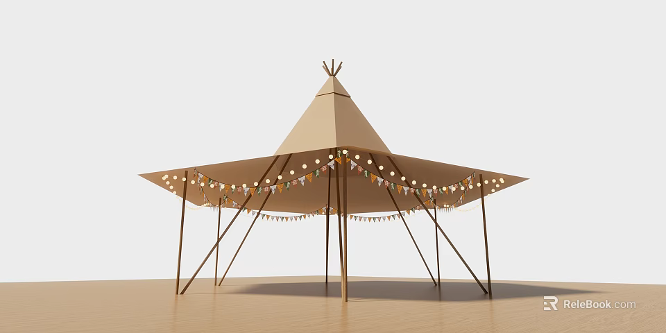 Outdoor Beige Conical Canopy With Colorful String Lights And Wooden Frames 3d model 