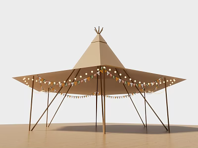 Outdoor Beige Conical Canopy With Colorful String Lights And Wooden Frames 3d model