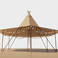 Outdoor Beige Conical Canopy With Colorful String Lights And Wooden Frames