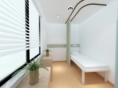 Simple Modern Room Interior With White Bed Wooden Floor And Potted Plants 3d model