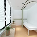 Simple Modern Room Interior With White Bed Wooden Floor And Potted Plants