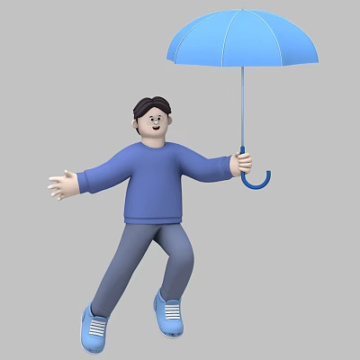 3D Game Movie Character Wearing Blue Sweater Gray Pants Holding Blue Umbrella Smiling Dynamic Pose 3d model
