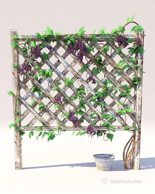 Garden Landscape Featuring Wooden Trellis Adorned with Green Vines and Purple Flowers 3d model 