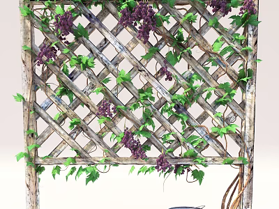 Garden Landscape Featuring Wooden Trellis Adorned with Green Vines and Purple Flowers 3d model