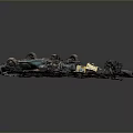 Blue Car Wreckage With Scattered Mechanical Parts On Dark Background