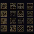 Gold Laser Cut Geometric Wall Decor with Various Patterns Arranged on Dark Background 3d model