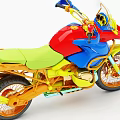 Colorful Toy Motorcycle With Green Seat Orange Wheels And Decorative Handlebar Parts