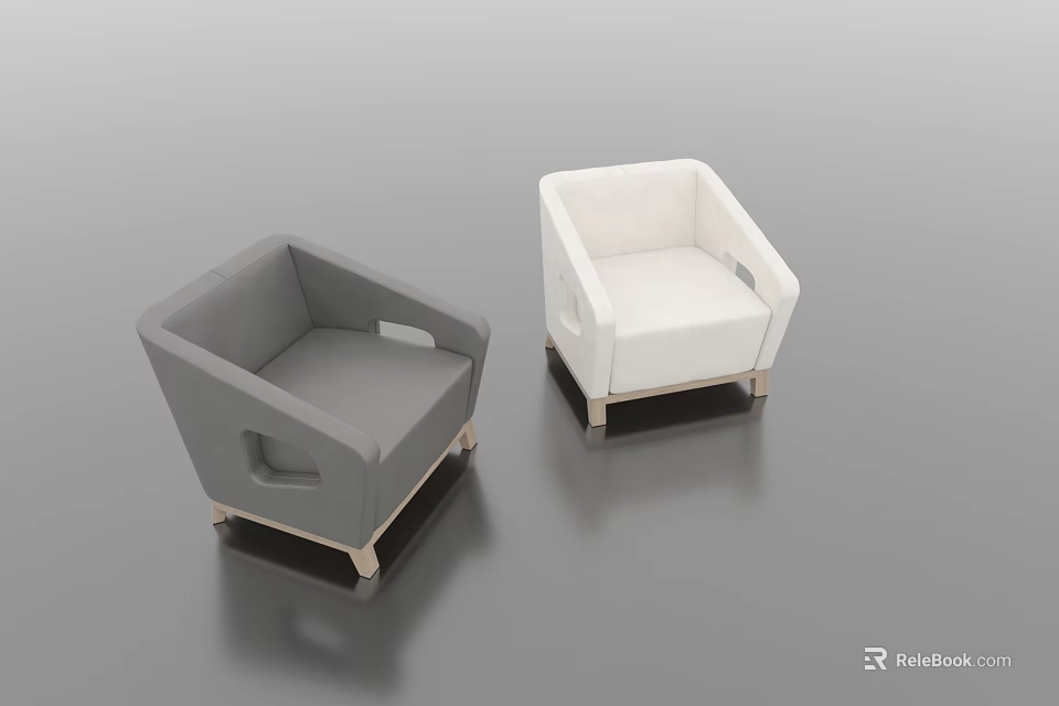 Gray And White Modern Single Seater Sofa With Wooden Legs And Square Armrests 3d model 