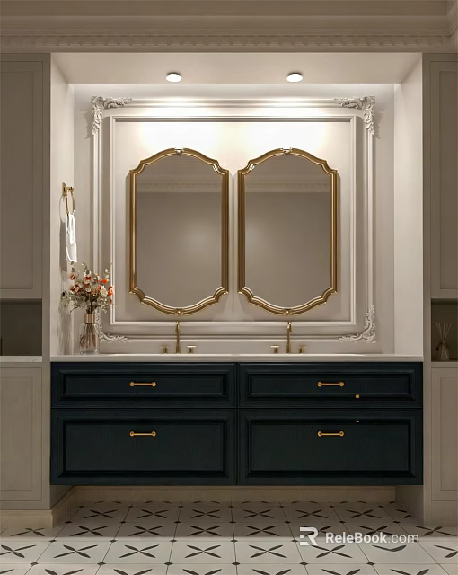 Elegant Bathroom Vanity With Double Gold Framed Mirrors Dark Cabinets And Countertop 3d model 