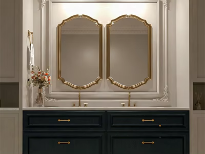 Elegant Bathroom Vanity With Double Gold Framed Mirrors Dark Cabinets And Countertop 3d model