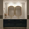 Elegant Bathroom Vanity With Double Gold Framed Mirrors Dark Cabinets And Countertop