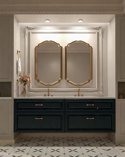 Elegant Bathroom Vanity With Double Gold Framed Mirrors Dark Cabinets And Countertop 3d model