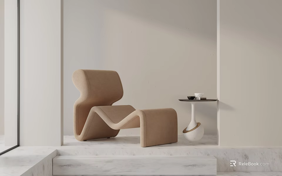Modern Beige Accent Chair With Curved Silhouette And Side Table In Minimalist Interior 3d model 