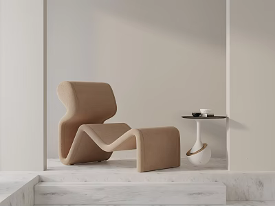 Modern Beige Accent Chair With Curved Silhouette And Side Table In Minimalist Interior 3d model