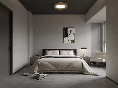 Modern Minimalist Bedroom Interior With Beige Quilt Nightstand Lamp Wall Art And Armchair 3d model