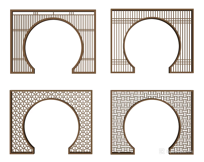Traditional Wooden Room Dividers With Circular Arch And Intricate Lattice Patterns 3d model 