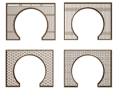 Traditional Wooden Room Dividers With Circular Arch And Intricate Lattice Patterns 3d model