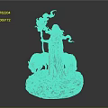 Witch Statue In Black Robe Holding Staff With Green Smoke Two Black Wolves Rock Base