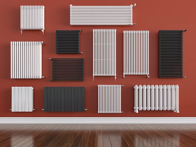 Various Radiator Designs In White Black Gray Colors Against Red Wall And Wooden Floor 3d model