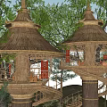 Two Treehouses With Thatched Roofs And Spiral Staircases Surrounded By Trees And Natural Pond