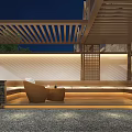 Modern Garden Landscape At Night Featuring Wooden Screen Mountain Pattern Green Plants And Lanterns