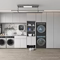 Home Balcony Laundry Area With Washing Machines Dryer White Cabinets And Marble Wall