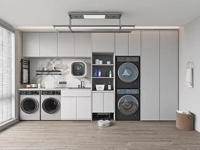 Home Balcony Laundry Area With Washing Machines Dryer White Cabinets And Marble Wall 3d model