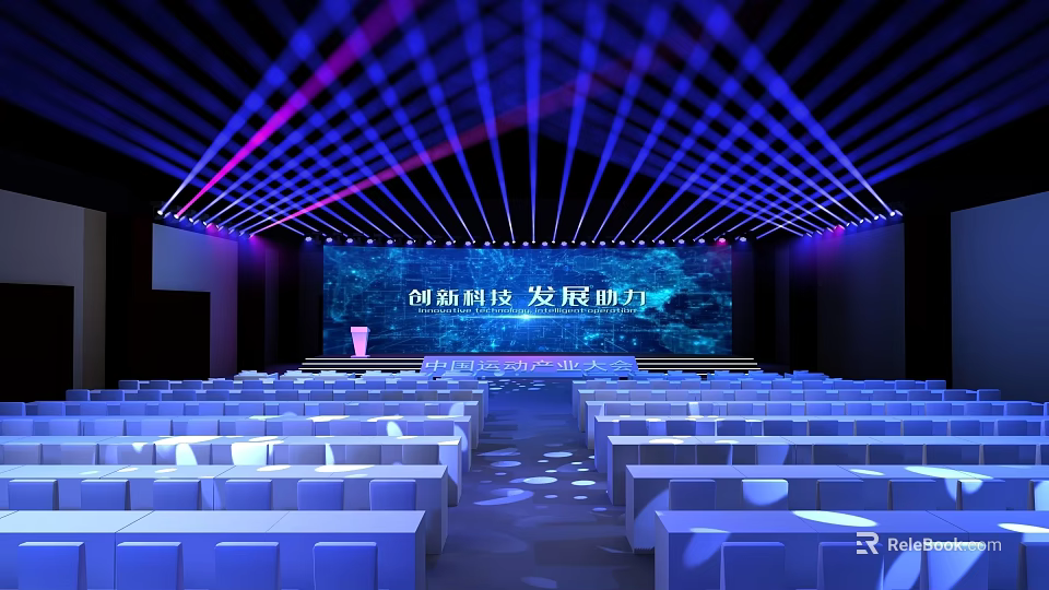 Innovative Tech Conference Hall With Modern Stage LED Screen And Blue Purple Lighting 3d model 