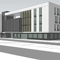 Modern Industrial Factory Building Exterior With Large Windows Green Trees And Parking Area
