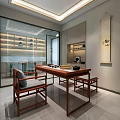 Chinese Style Leisure Area Interior Design With Landscape Mural Wooden Table Chairs Glass Partition
