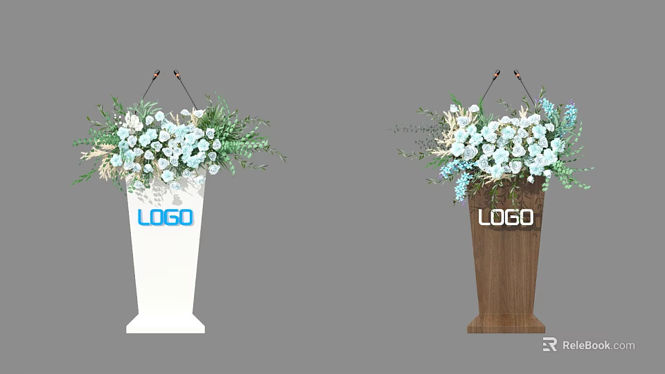 Banquet Hall With White Brown Podiums Floral Decoration Microphone And LOGO 3d model 
