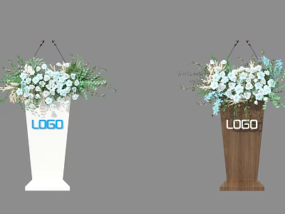 Banquet Hall With White Brown Podiums Floral Decoration Microphone And LOGO 3d model