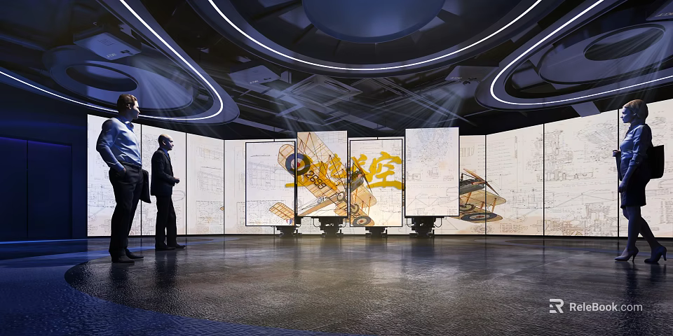 Aviation Exhibition Featuring Architectural Drawings On Large Display Screens 3d model