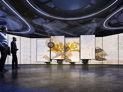 Aviation Exhibition Featuring Architectural Drawings On Large Display Screens 3d model