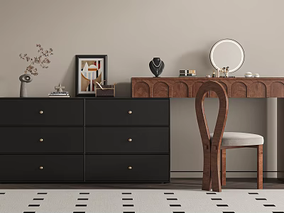 Wooden Dressing Table With Round Mirror Chair And Black Chest Of Drawers 3d model