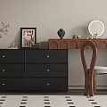 Wooden Dressing Table With Round Mirror Chair And Black Chest Of Drawers
