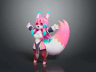 Cute Fox Character With Pink Hair Blue Accents Purple Red Outfit And Large Tail 3d model