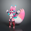 Cute Fox Character With Pink Hair Blue Accents Purple Red Outfit And Large Tail