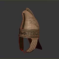 Ancient Weapon Helmet Featuring Bronze Material Ornate Carvings Feathered Crest And Decorative Rim