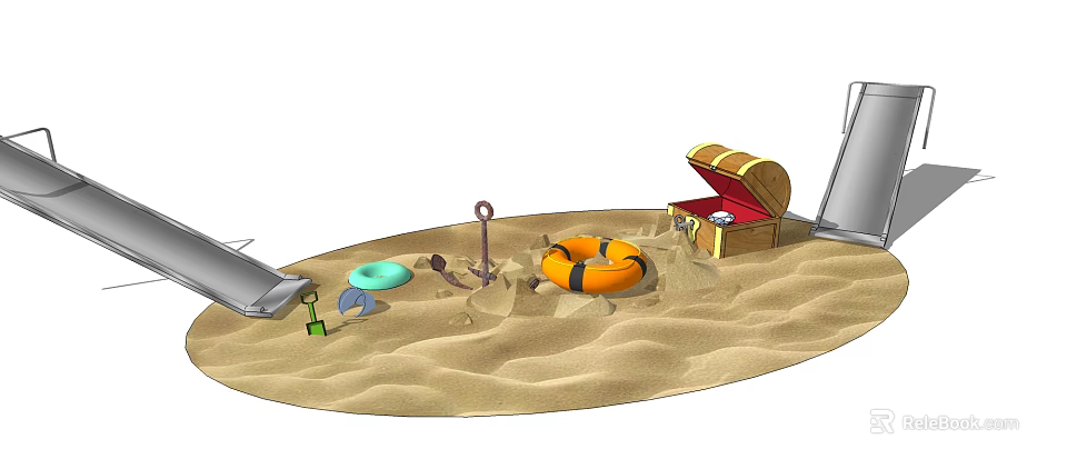 Sandpit Play Equipment for Kids with Slide Lifebuoy Treasure Chest Anchor and Shovel 3d model 