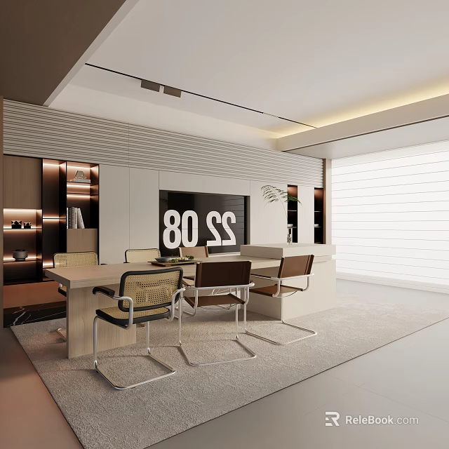 Modern Dining Table Set With Metal Frame Chairs In Contemporary Room Interior 3d model