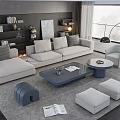 Modern Beige Sofa Blue Coffee Table Combination With Ottomans And Floor Lamp 3d model