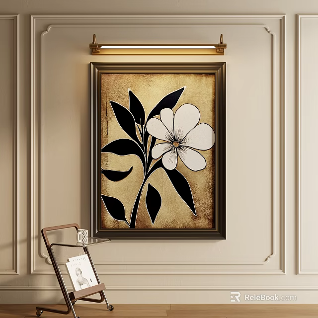 Decorative Flower Painting With Black Leaves On Beige Wall And Gold Lighting 3d model 