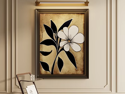 Decorative Flower Painting With Black Leaves On Beige Wall And Gold Lighting 3d model