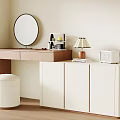 Modern Light Wooden Dressing Table With Round Mirror White Stool And Table Lamp 3d model