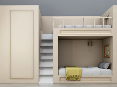 Modern Bunk Bed Interior Design With Stairs Storage Cabinet Wall Lamp And Framed Art 3d model