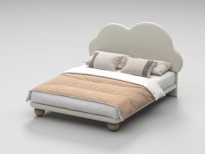 Double Bed with White Cloud Shaped Headboard Brown Quilt Striped Pillows and Wooden Legs 3d model