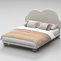 Double Bed with White Cloud Shaped Headboard Brown Quilt Striped Pillows and Wooden Legs