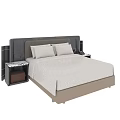 Modern Double Bed With Gray Brown Headboard And Black Nightstands White Sheet