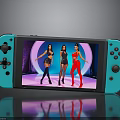 Blue Handheld Game Console Screen Showing Three Women Dancing On Stage With Colored Lights